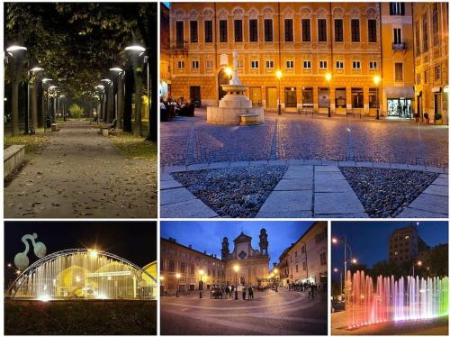 a group of four pictures of a building and a fountain at Mini suite del borgo antico, design charm centro in Novi Ligure