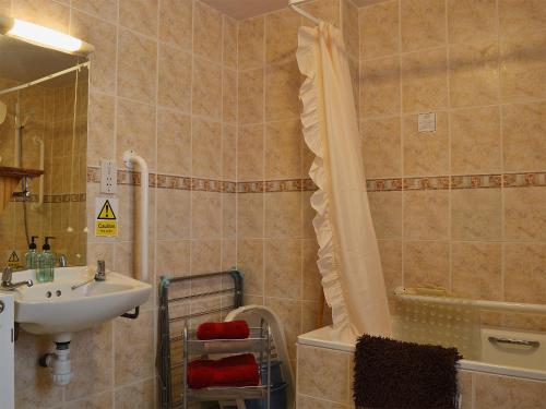 a bathroom with a sink and a tub and a shower at Swallow Cottage in Llanfair Caereinion