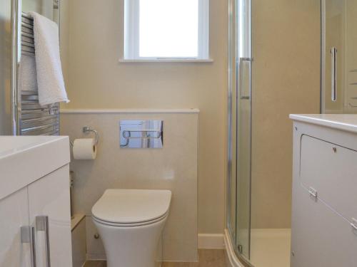 a bathroom with a toilet and a glass shower at Cross Cottage in Saint Breward