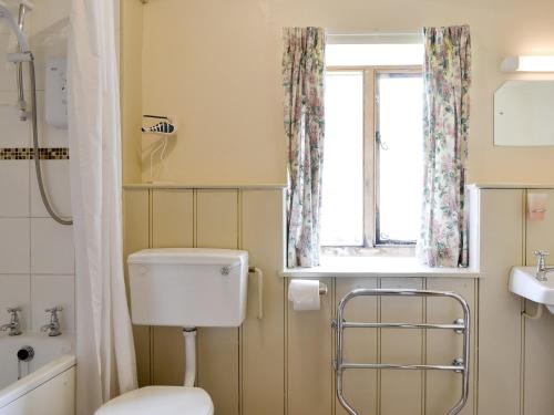 a bathroom with a toilet and a window at The Coach House in Kington