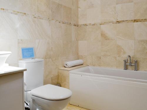 a bathroom with a white toilet and a bath tub at Sgubor Ucha in Trefriw