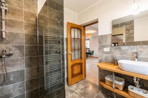 een badkamer met een wastafel en een douche bij On the Hill in Braşov