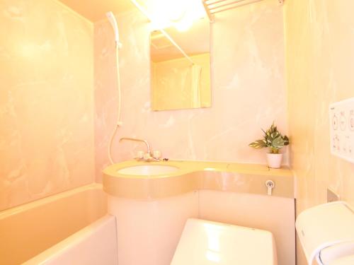 y baño con lavabo, aseo y espejo. en HOTEL LiVEMAX BUDGET Utsunomiya, en Utsunomiya