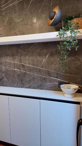 a white cabinet with a plant on top of it at Casa Regreso in Calafat