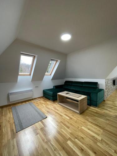 a living room with a green couch and a table at Alexandro Apartmani Zlatibor in Zlatibor