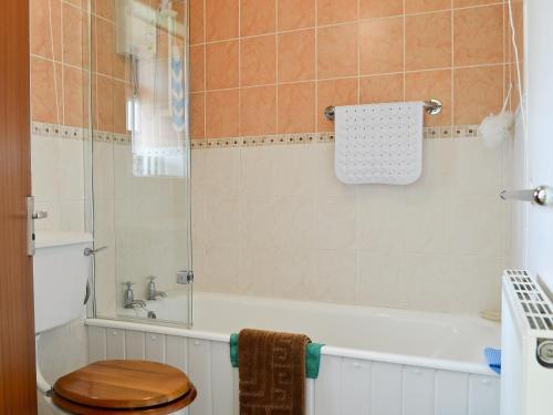 a bathroom with a toilet and a bath tub with a toilet at Fron Erch Cottages - 2711 in Llanarmon