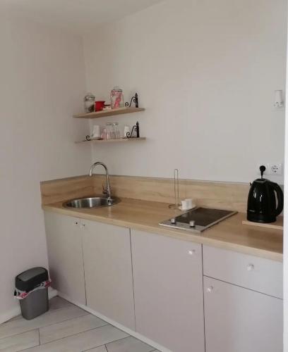 a kitchen with white cabinets and a sink at Villa Aba apartments in Sarajevo