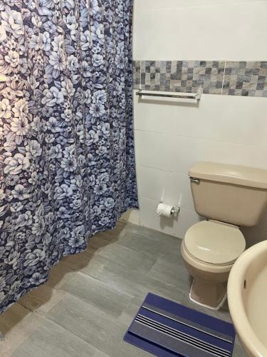 a bathroom with a toilet and a shower curtain at Cristian suit in Ensanche Savica de Mendoza