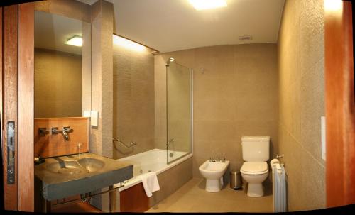 a bathroom with a sink and a toilet and a shower at Amonite Apart & Spa in San Martín de los Andes