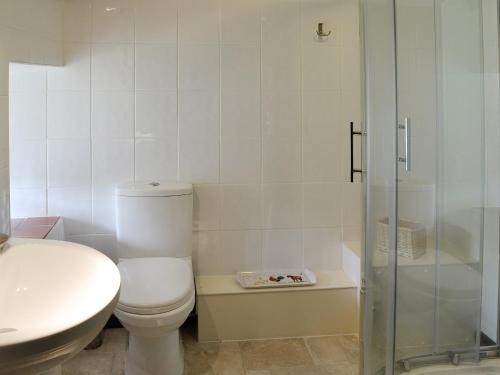 a white bathroom with a toilet and a shower at Honeysuckle Cottage - 29938 in Holcombe Burnell
