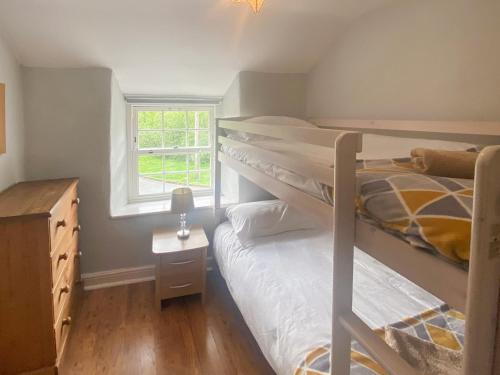 a bedroom with two bunk beds and a window at Old Tan Rhiw in Beddgelert