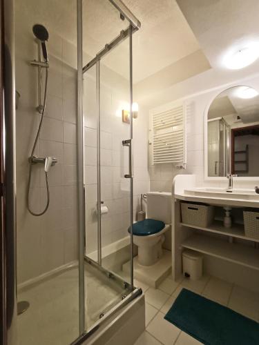 La salle de bains est pourvue d'une douche, de toilettes et d'un lavabo. dans l'établissement Appartement la Plagne,7 pers rénové, à Aime La Plagne