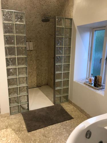 een badkamer met een douche met glazen planken en een bad bij VV Apartments 50 in Ringsted