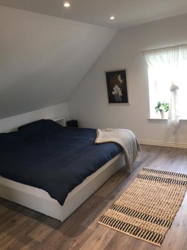 a bedroom with a bed and a window and a rug at VV Apartments 50 in Ringsted