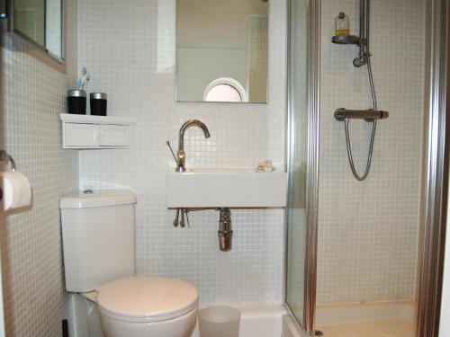 a bathroom with a toilet and a sink and a shower at Woodstore Cottage in Lazonby