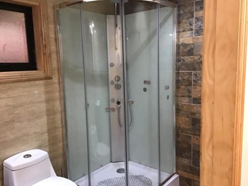 a glass shower in a bathroom with a toilet at Bello Horizonte Lodge in Villarrica