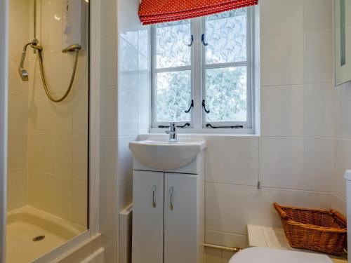 a bathroom with a sink and a window and a toilet at Leat Cottage - 16952 in Bampton