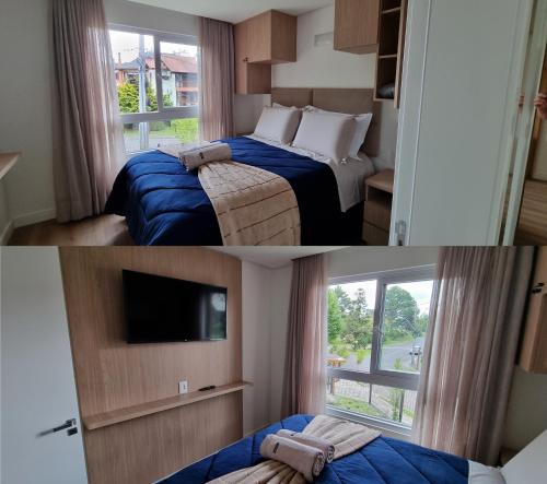 2 fotos de un dormitorio con cama y ventana en Apartamento Inteiro em Gramado Bavária Centro, en Gramado