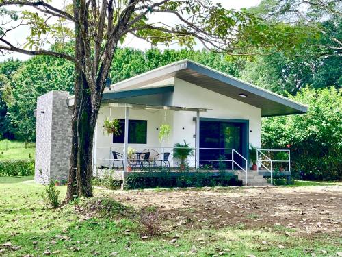 a small white house with chairs in a yard at Encantadora Casa Amapolas in Cóbano