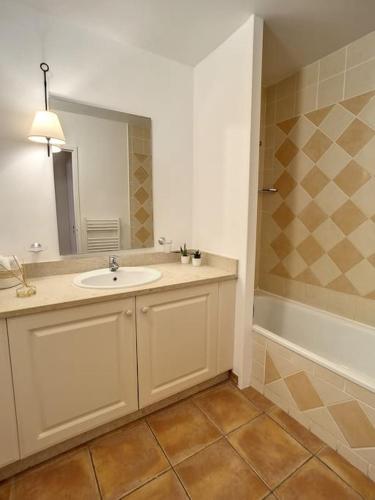 une salle de bain avec un lavabo, un miroir et une douche dans l'établissement Escale détente - Résidence 4* au sein d'un Golf, à Saumane-de-Vaucluse