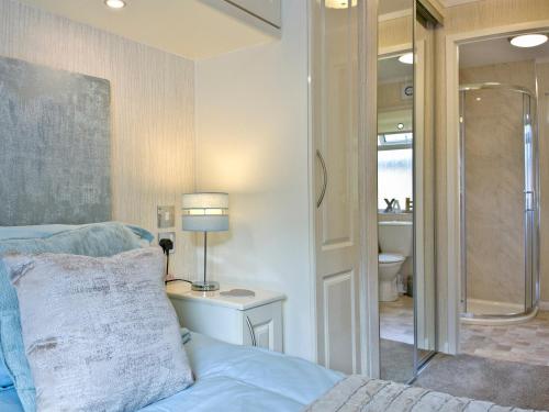 Lanlivery的住宿－Forest Glade Lodge，一间卧室配有一张床,浴室设有淋浴。
