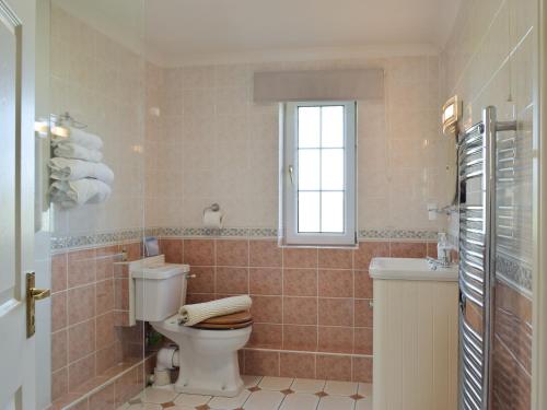 een badkamer met een toilet, een wastafel en een raam bij Carthouse Cottage in Carew