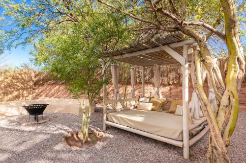 a bed under a canopy under a tree at Casa Solcor Boutique Bed & Breakfast in San Pedro de Atacama