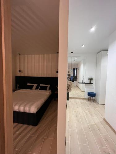 1 dormitorio con 1 cama y pasillo en Апартаменти центр Чортків, en Chortkiv