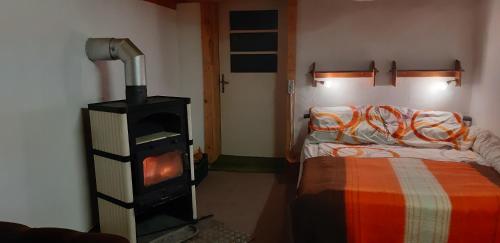 a room with a wood stove and a bed at Kamilla Vendégház in Ács