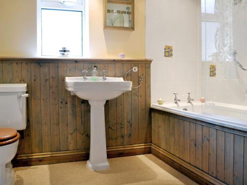 a bathroom with a sink and a tub and a toilet at Ty Newydd Cottage in Hoel-galed