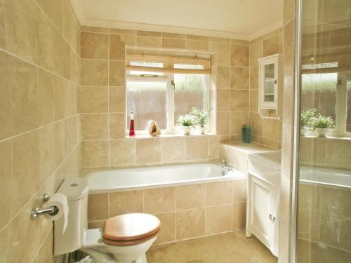 a bathroom with a toilet and a bath tub at Farthngs in Boxted