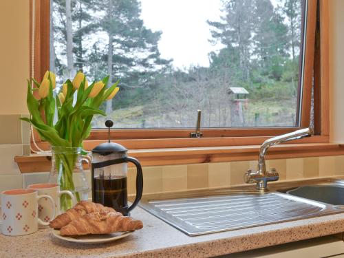 a kitchen counter with a sink and a window at Clunymhore in Nethy Bridge