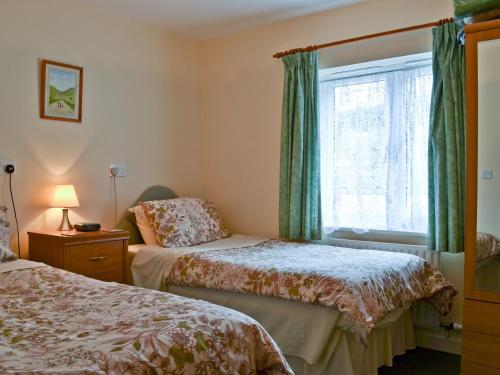1 dormitorio con 2 camas y ventana en Blackbird Cottage, en Llanfair Caereinion