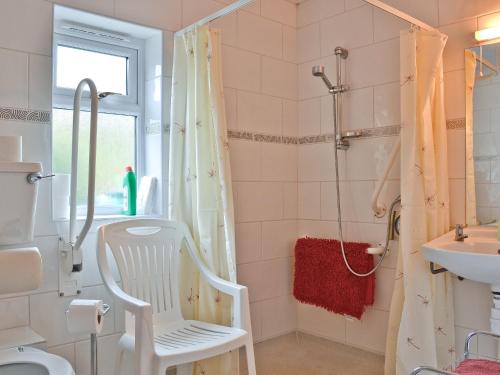 a bathroom with a white chair and a shower at Blackbird Cottage in Llanfair Caereinion