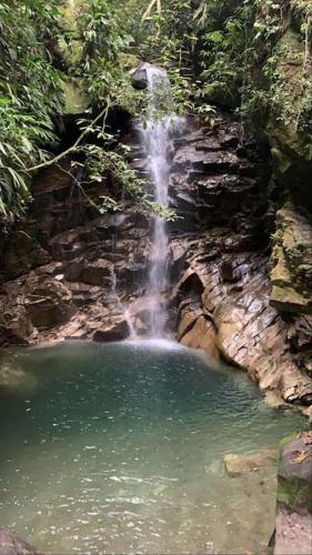 une cascade au milieu d'une piscine d'eau dans l'établissement glamping la cumbre, à Villavicencio