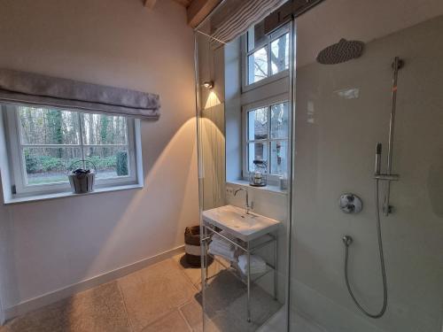 y baño con ducha acristalada y lavamanos. en Thuers im Busch - Beste Stube en Münster