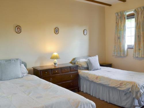 1 Schlafzimmer mit 2 Betten, einer Kommode und einem Fenster in der Unterkunft Grove Sprightly Barn in Craven Arms