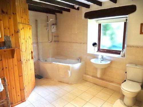 a bathroom with a tub and a toilet and a sink at Mews Cottage in Bampton