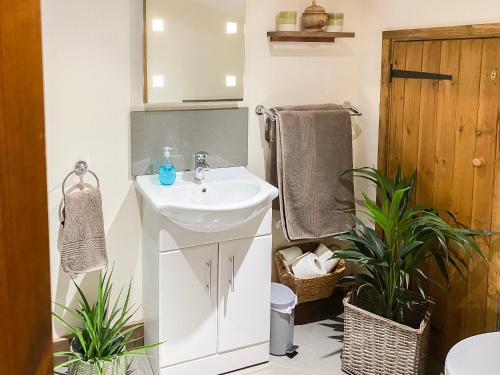 a white bathroom with a sink and a mirror at Bluebell Cottage - 27635 in Darenth