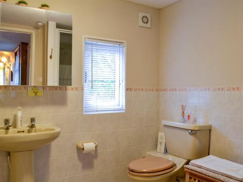 Seileachan في Arduaine: حمام مع مرحاض ومغسلة ومرآة