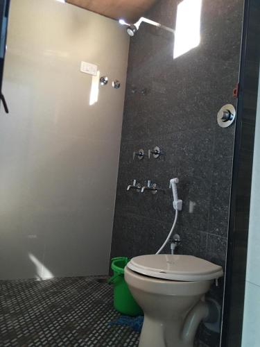 a bathroom with a white toilet and a shower at Nisarga Homestay and Beach Resort Gokarna in Gokarna