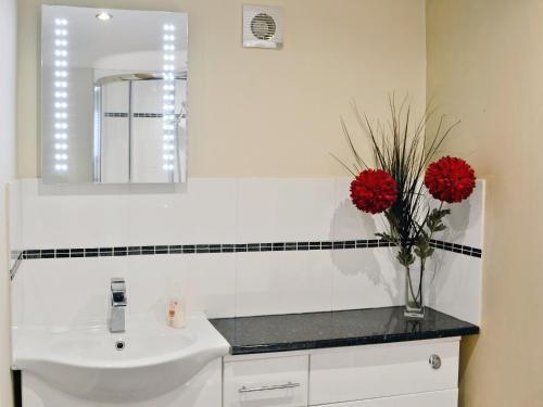 a bathroom with a sink and a vase with red flowers at Stable Cottage in Penrhyn Bay