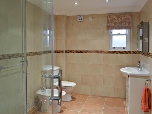 a bathroom with a toilet and a sink and a shower at Tidal Crest in Nottingham