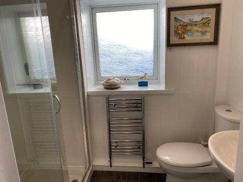 a bathroom with a shower and a toilet and a window at Dolphin Cottage in Nairn
