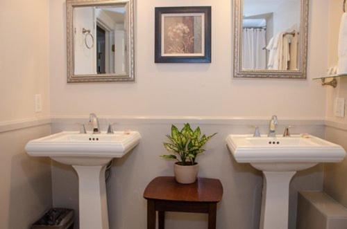 two sinks in a bathroom with two mirrors and a potted plant at Jean Lafitte House in New Orleans
