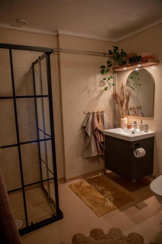 a bathroom with a sink and a mirror at Cozy mountain view apartment in Orrviken