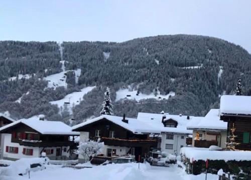 a group of buildings in the snow with a mountain at WEF Central Luxury Mountain Chalet - Sauna, Fireplace, Panoramic Views & Private Apartment Included in Klosters