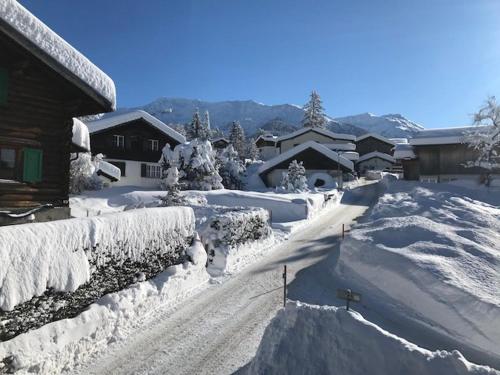 a yard covered in snow with a house at WEF Central Luxury Mountain Chalet - Sauna, Fireplace, Panoramic Views & Private Apartment Included in Klosters