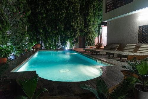 a swimming pool in a building with chairs and trees at Nomads in Lomé