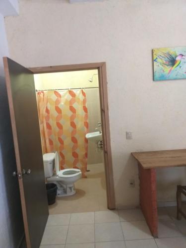 a bathroom with a toilet and a sink at Hotel Villas Monteli Suites Cuernavaca in Cuernavaca
